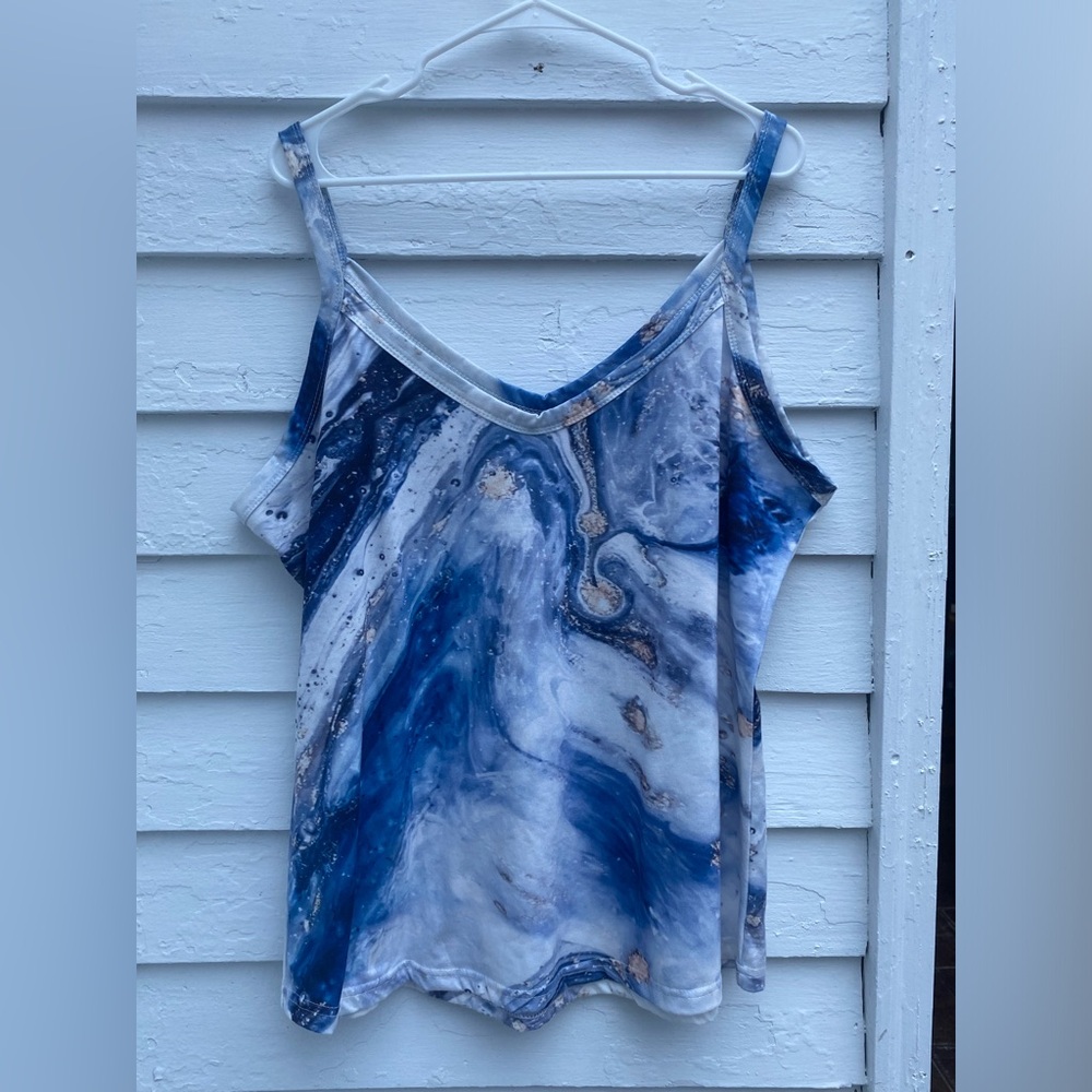 Blue and White and Gold Marble Print Women's Sleeveless Tank Top Outer Space 🪐
